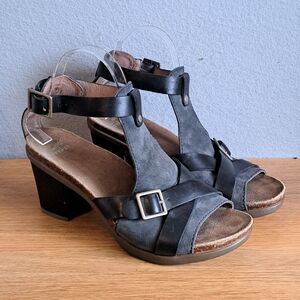 Dansko Dominique Womens 40 9 9.5 Black Leather Open Toe Block Heel Sandals